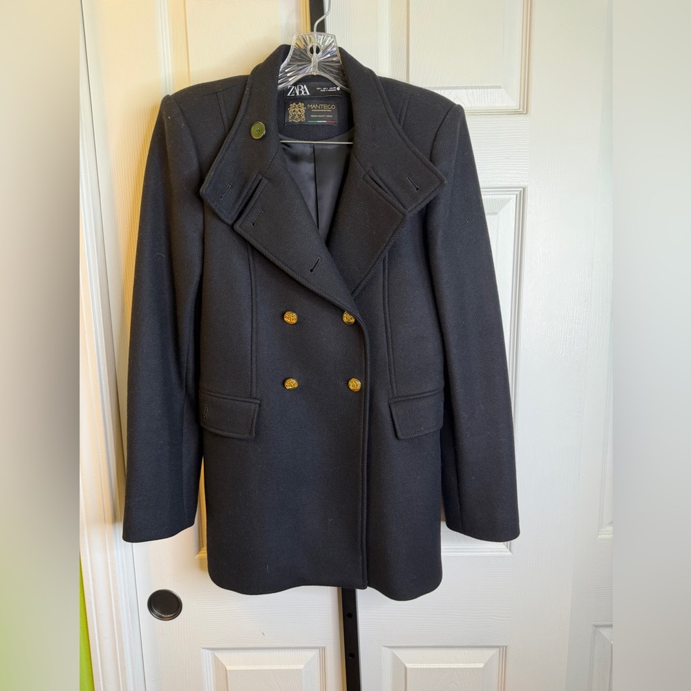 Zara Black Double-Breasted Pea Coat with Gold Buttons, size Large